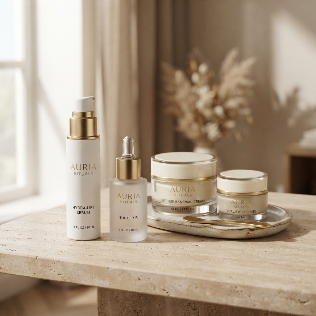 Custom cosmetic and skincare packaging: airless pump bottle, gold-accented cream jar and frosted serum bottle