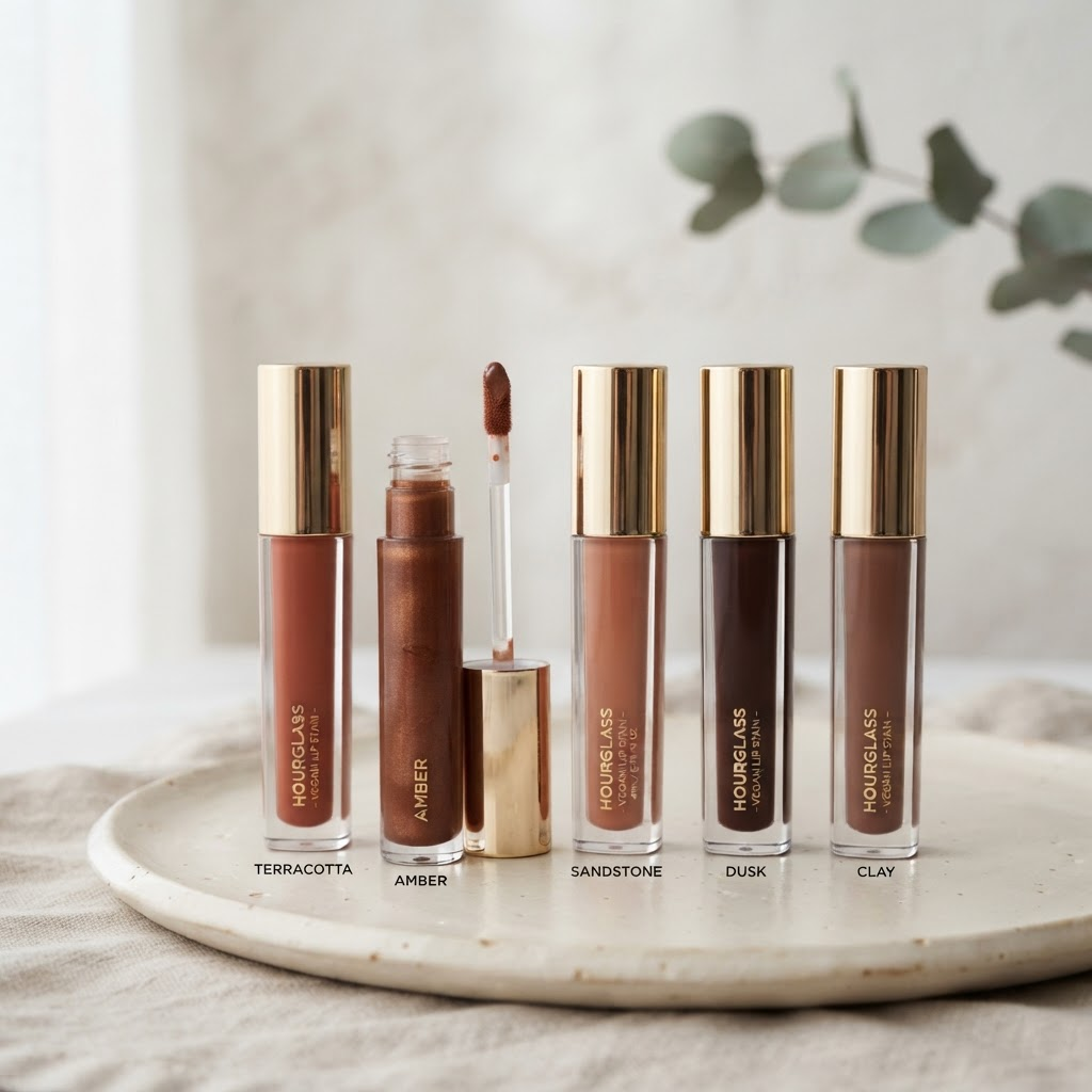 A group of lip product packaging: gold-cap liquid lipstick tubes and a doe-foot lip gloss