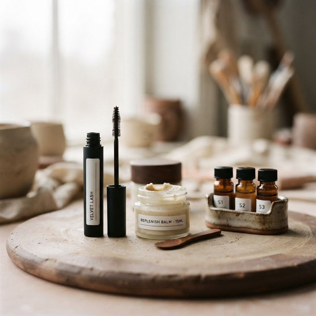A mascara tube beside a small cream jar and sample vials