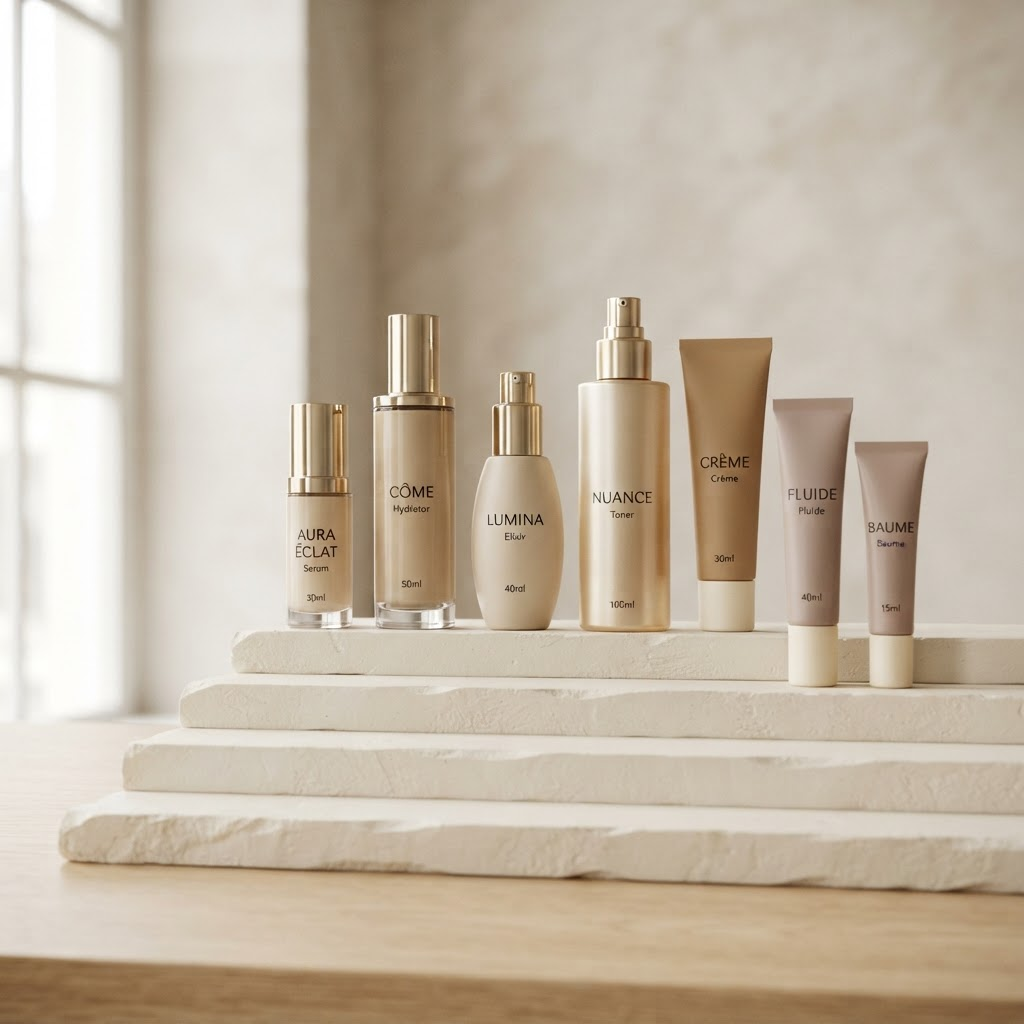 A row of slim beauty bottles and tubes in beige and champagne tones