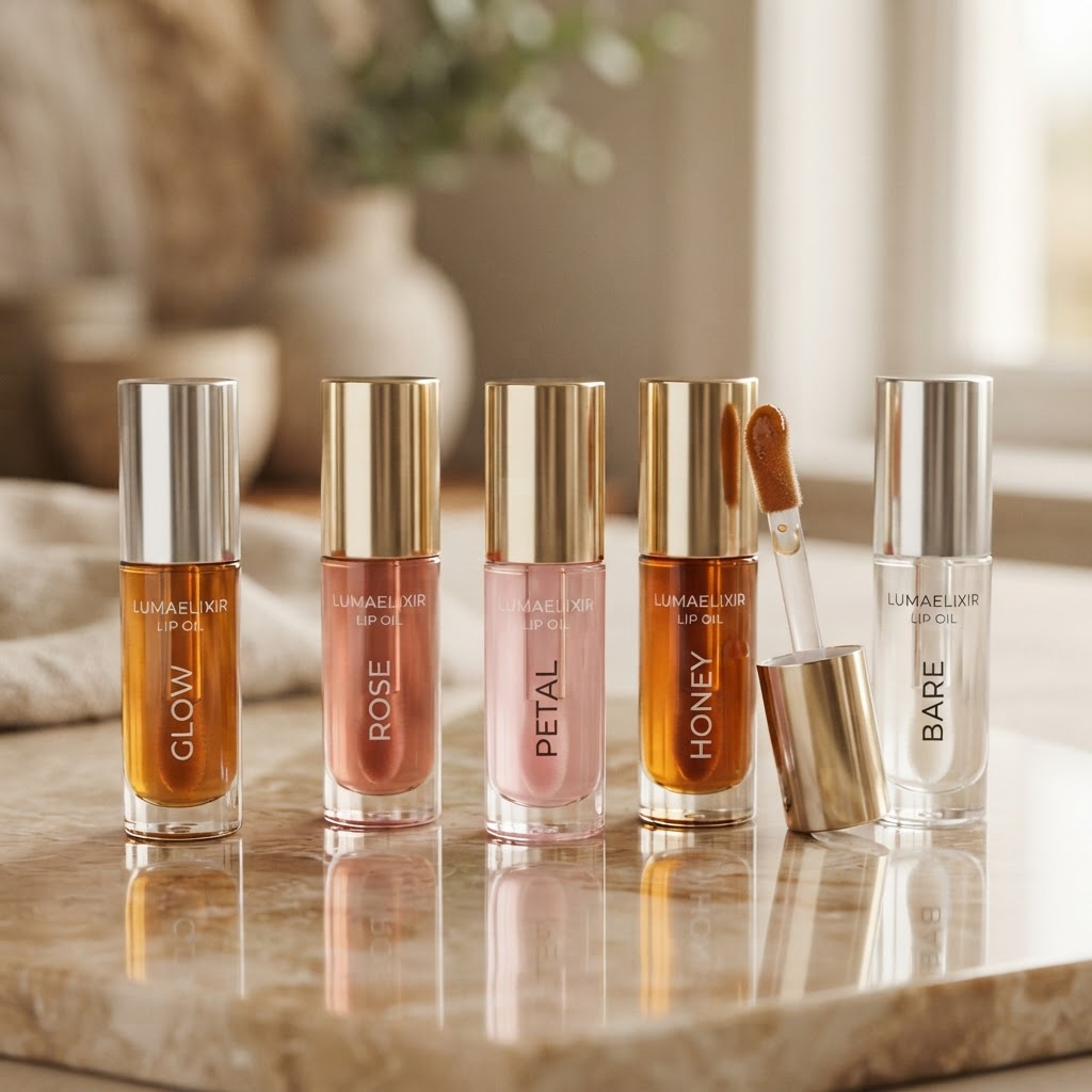A modern high-shine lip oil system with several lip oil bottles