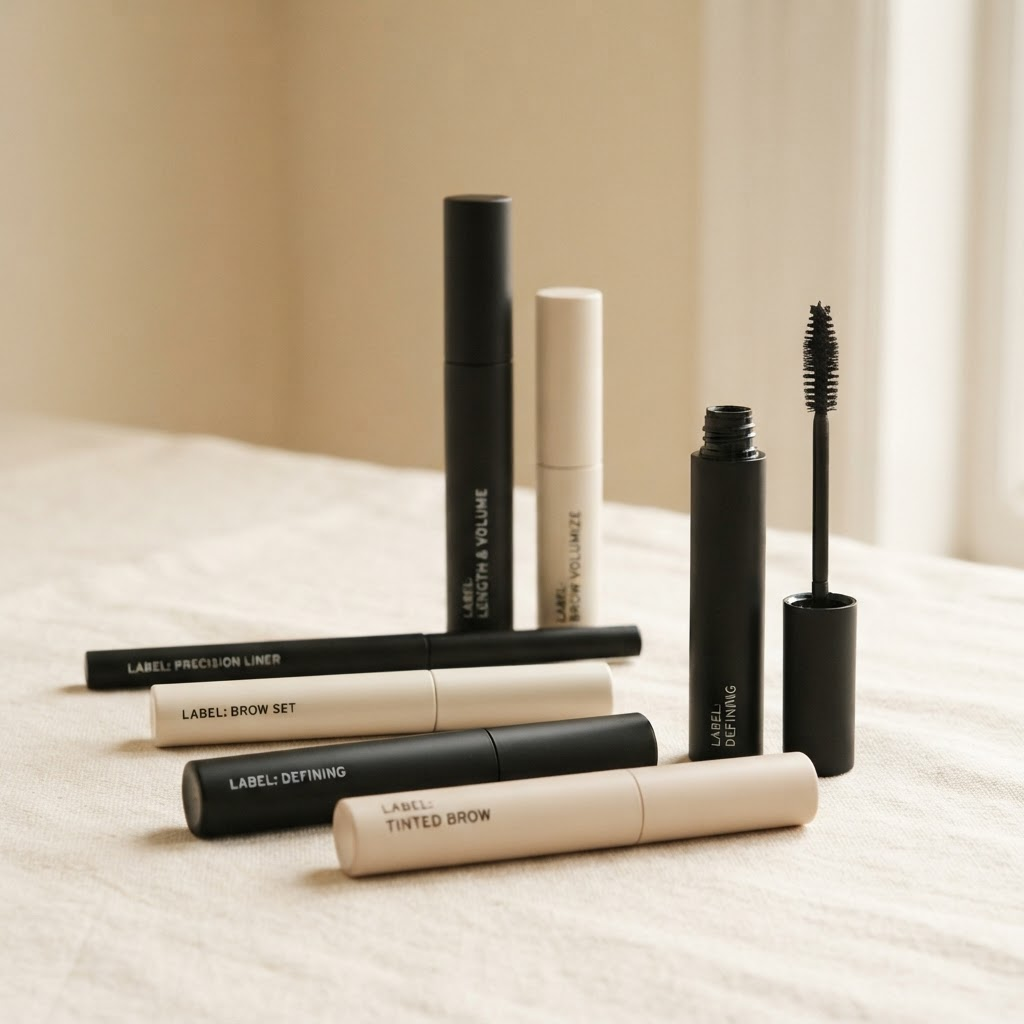 A minimal mascara and brow product collection