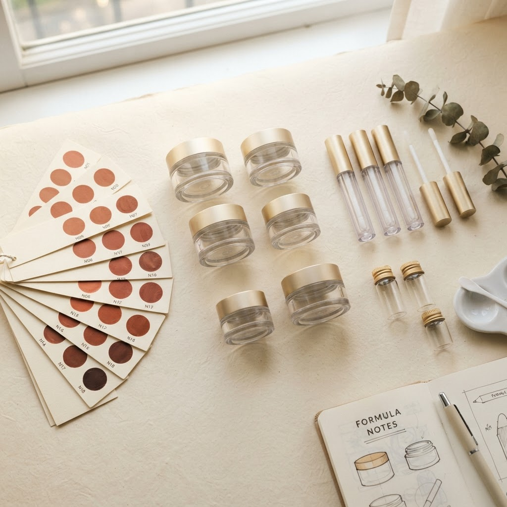 Overhead flat lay of packaging development components: lip shade swatch cards, empty bottles, gold caps and sample tubes