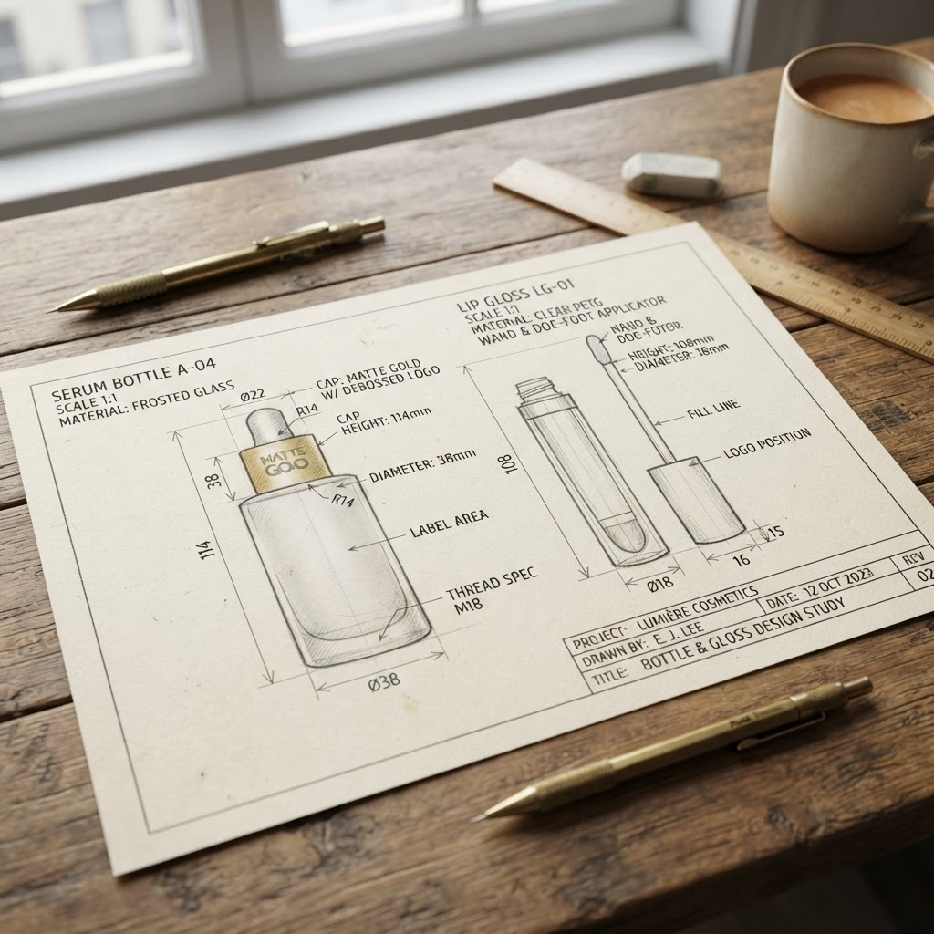 Hand-drawn packaging design sketches of a cosmetic bottle and lip gloss on cream paper with dimension lines