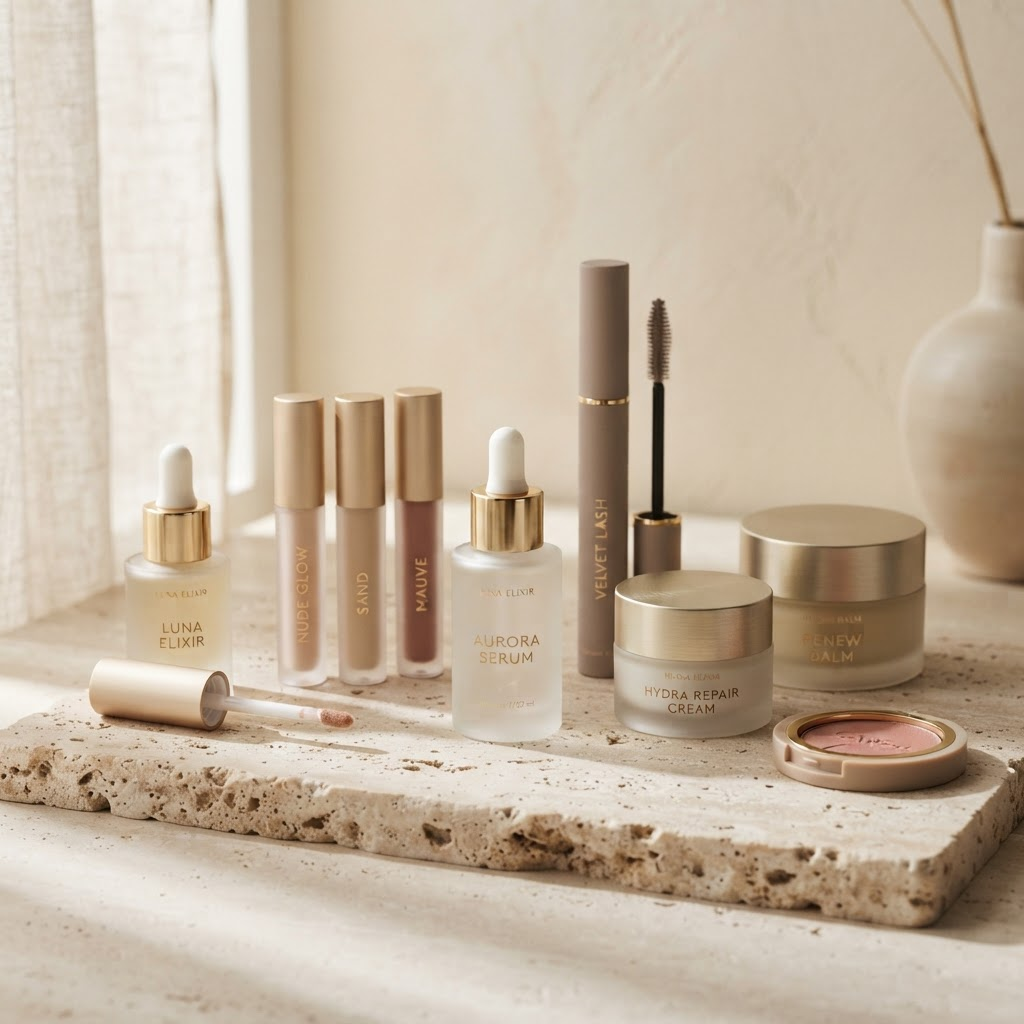 A collection of beauty packaging on a stone slab, including serum dropper bottles, lip gloss tubes and cream jars