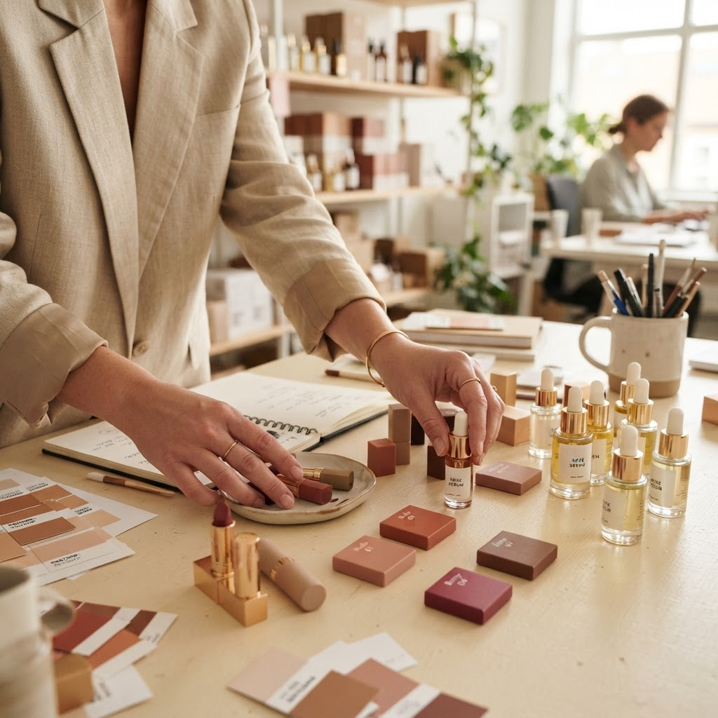 Hands arranging cosmetic packaging samples and color swatch blocks on a cream table