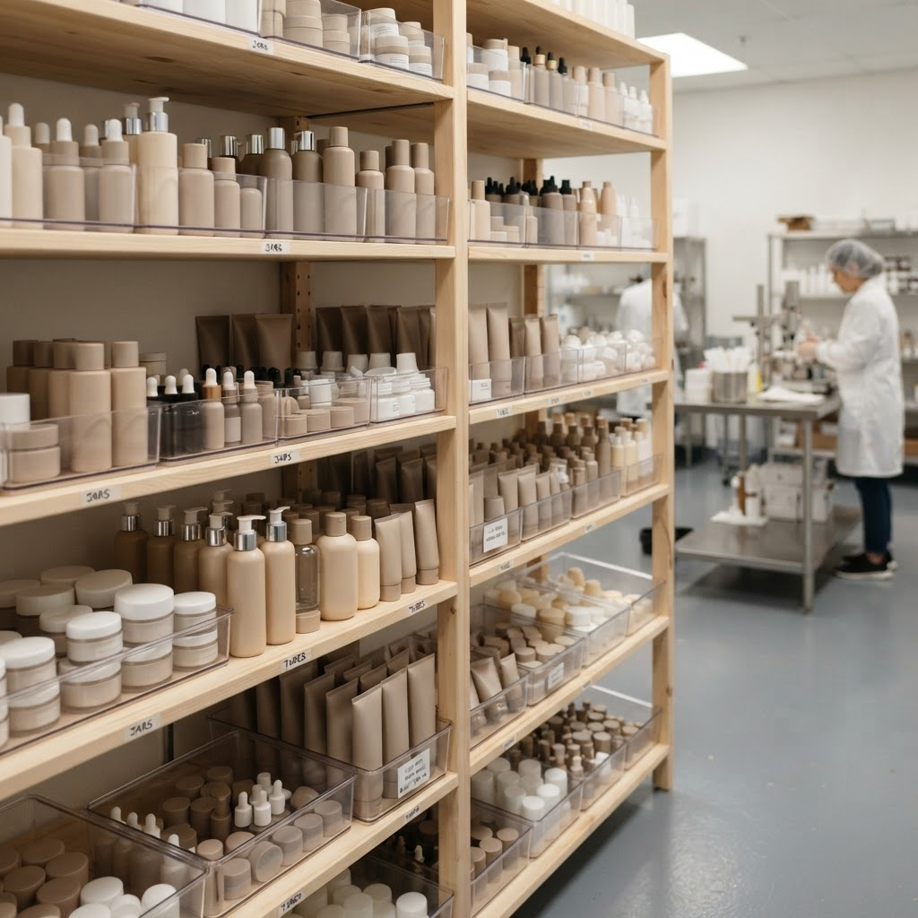 Beauty packaging components neatly organized on shelves in a sampling and production facility