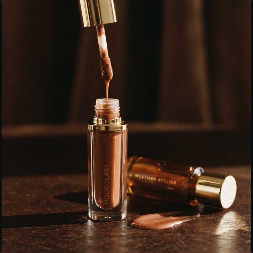 Close-up of a lip gloss bottle and doe-foot applicator on a dark background, with glossy liquid product